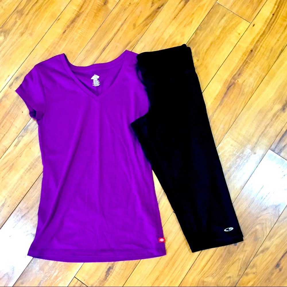 Dickies purple tee shirt top and champion black leggings — gym workout y…